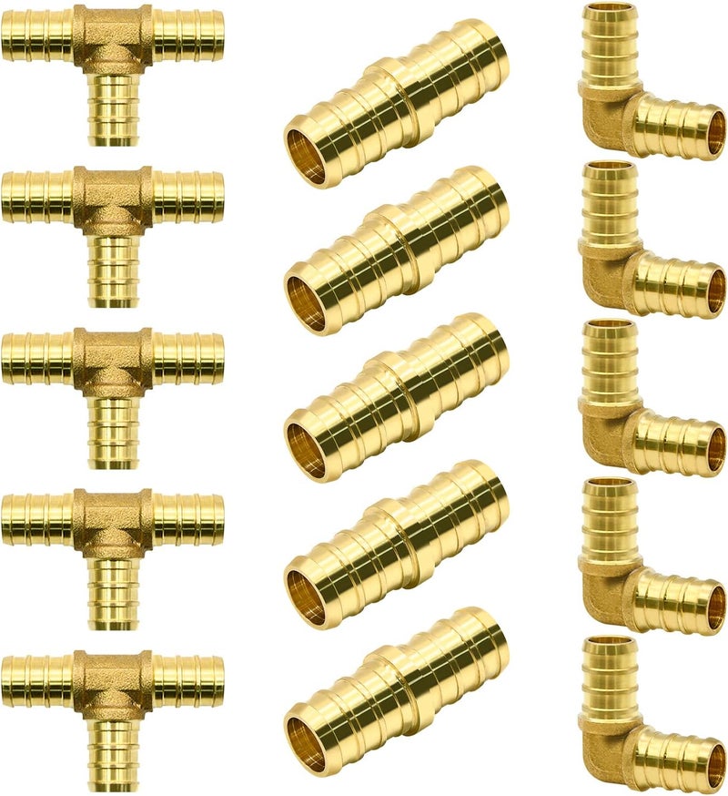 Ruby Q 15pcs 1/2" PEX Fittings, Elbow TEE Straight Couplings Set, PEX Brass Crimp Fitting Combo with Tees, Elbows, Straights - Image 1